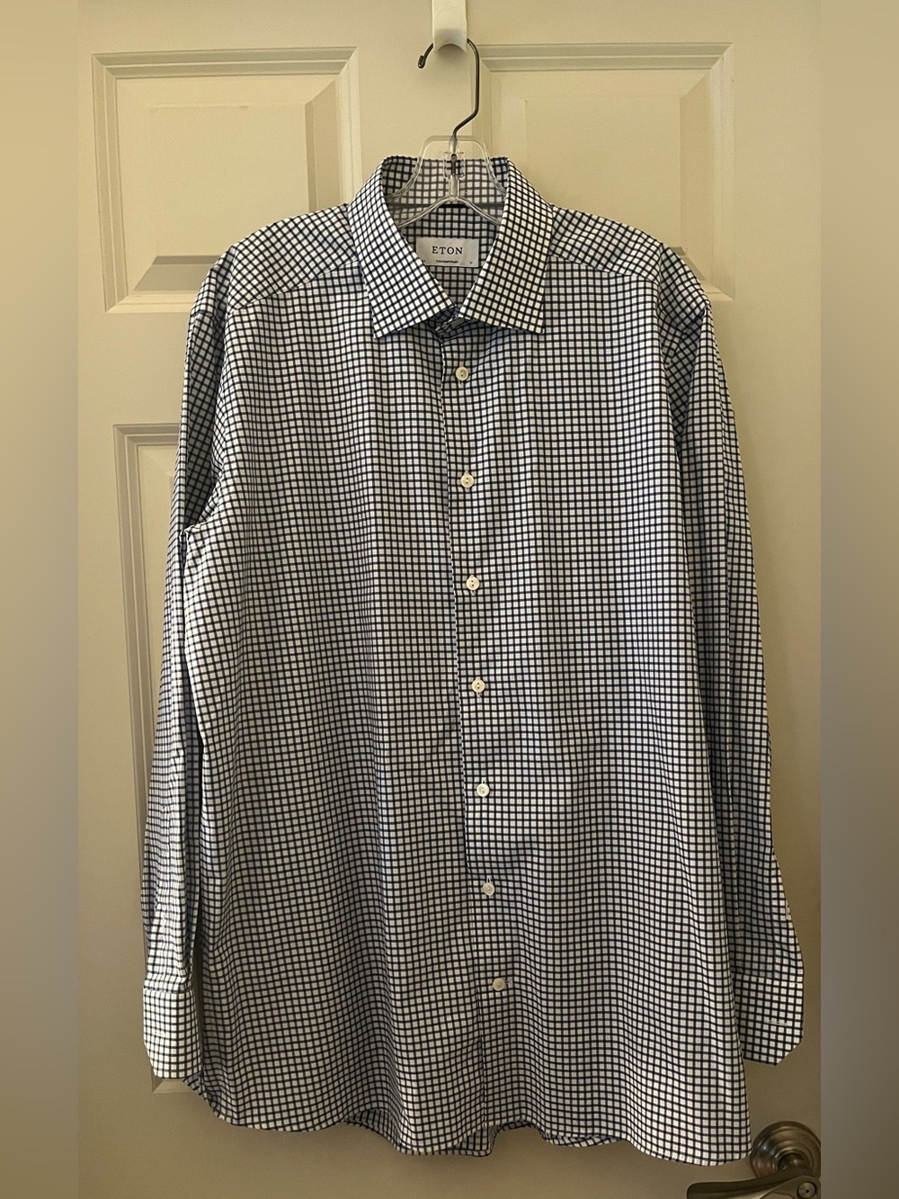 Men’s Eton Contemporary Fit Navy White gingham Check Dress Shirt Size 17 / 43